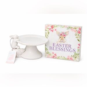 Easter Bunny Pedestal Tray & Easter Blessings Sign Set Farmhouse Spring Decor